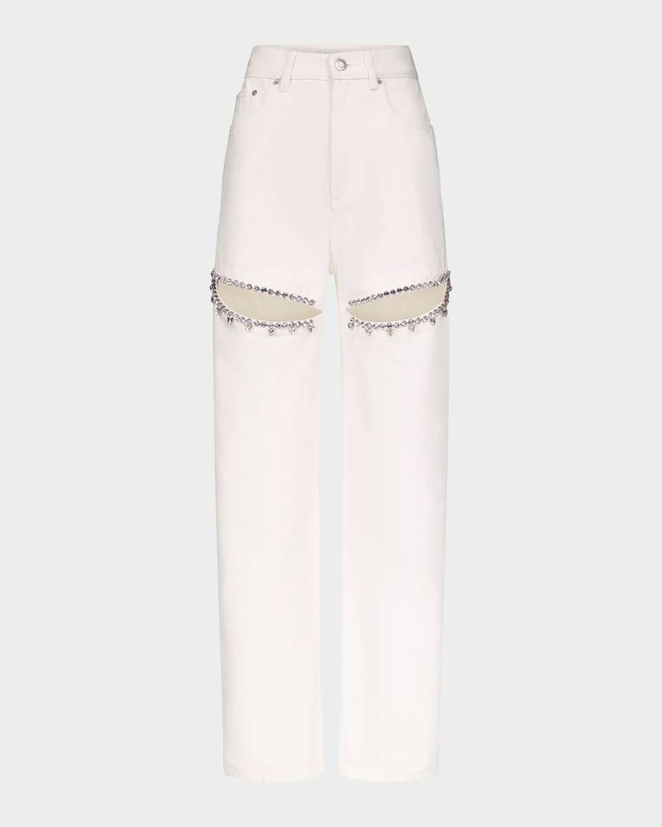 Crystal Slit Straight-Leg Jeans